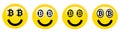 Bitcoin smiley emoticon. Yellow 3d emoji with black and white btc symbols in place of eyes. Royalty Free Stock Photo