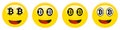 Bitcoin smiley emoticon. Yellow 3d emoji with black and white btc symbols in place of eyes. Royalty Free Stock Photo