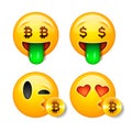 Bitcoin smiley emoji, emoticon smiling face, vector illustration. Royalty Free Stock Photo