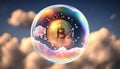 Bitcoin in soap bubble flying on cloud background, financial fragility of cryptocurrency bubble
