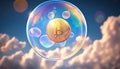 Bitcoin in soap bubble flying on cloud background, financial fragility of cryptocurrency bubble