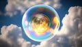 Bitcoin in soap bubble flying on cloud background, financial fragility of cryptocurrency bubble