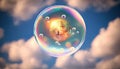 Bitcoin in soap bubble flying on cloud background, financial fragility of cryptocurrency bubble