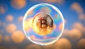 Bitcoin in soap bubble flying on cloud background, financial fragility of cryptocurrency bubble