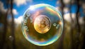 Bitcoin in soap bubble flying on green background, financial fragility of cryptocurrency bubble