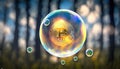 Bitcoin in soap bubble flying on green background, financial fragility of cryptocurrency bubble