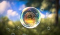 Bitcoin in soap bubble flying on green background, financial fragility of cryptocurrency bubble