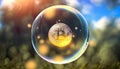 Bitcoin in soap bubble flying on green background, financial fragility of cryptocurrency bubble