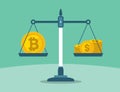 Bitcoin and stack of dollar coins on the balance scale