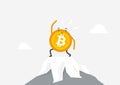 Bitcoin stands on the finance mountain. Cryptocurrency cartoon concept