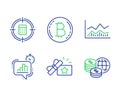 Bitcoin, Statistics timer and Calculator target icons set. Trade infochart, Loyalty gift and World money signs. Vector