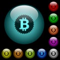 Bitcoin sticker icons in color illuminated glass buttons