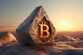 Bitcoin In Stone Carved Into A Triangular Mount Sunset