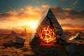 Bitcoin In Stone Carved Into A Triangular Mount Sunset