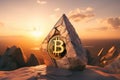 Bitcoin In Stone Carved Into A Triangular Mount Sunset