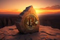 Bitcoin In Stone Carved Into A Triangular Mount Sunset