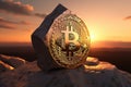 Bitcoin In Stone Carved Into A Triangular Mount Sunset Generative Ai