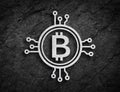 Bitcoin stone coin circuit symbol rock wall background