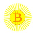 Bitcoin and sun icon vector illustration in flat style isolated on white background. Mining bitcoin using renewable energy sources