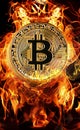 bitcoin surrounded by fire and smoke