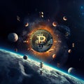 A bitcoin surrounded by space and planets. AI generative image