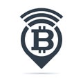 Bitcoin symbol, address pin icon with radio wave
