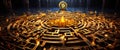 Bitcoin symbol at the center of a glowing golden maze