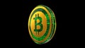 Bitcoin, close up view of gold cryptocurrency coin with binary code on black background, side view