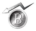 Bitcoin symbol with down trand hand draw vintage engraving style