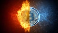 Bitcoin Symbol with Fire Ice Effect Representing Cryptocurrency Volatility Blockchain Technology Royalty Free Stock Photo