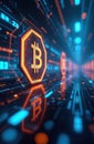 Bitcoin symbol on futuristic digital shield in neon-lit environment. Cryptocurrency logo on high-tech display screen. Blockchain, Royalty Free Stock Photo