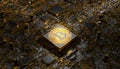 Bitcoin symbol on gold plated circuit board