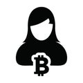 Bitcoin symbol icon vector blockchain cryptocurrency with female person profile avatar for digital wallet in a glyph pictogram