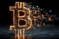 Bitcoin symbol made of glowing binary code dissolving, representing digital finance and blockchain technology Royalty Free Stock Photo