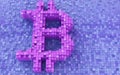 Bitcoin symbol made of small blue, purple and pink cubes, 3D render, 3D illustration