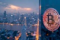 Bitcoin symbol prominently featured in city skyline at dusk representing the future influence of