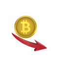 Bitcoin symbol with red arrow