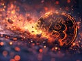 A Bitcoin symbol shattering through a barrier. Generative AI Royalty Free Stock Photo