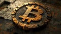 Golden Bitcoin Symbol on Textured Dark Background, Cryptocurrency Emblem 3D Render Royalty Free Stock Photo