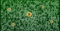 Bitcoin symbols over binary code image on green background
