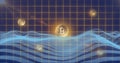 Bitcoin symbols over grid and wave patterns, representing cryptocurrency and blockchain technology