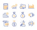Bitcoin system, Innovation and Bar diagram icons set. Contactless payment, Calculator and Loan signs. Vector
