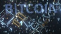 Bitcoin text and cubic chain and binary numbers. Cryptocurrency concept, 3D rendering Royalty Free Stock Photo