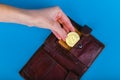 Bitcoin theft concept. A hand steals bitcoin from a wallet. Place for writing Royalty Free Stock Photo