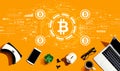 Bitcoin theme with electronic gadgets and office supplies