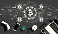 Bitcoin theme with electronic gadgets and office supplies