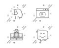Bitcoin think, Video content and Hospital building icons set. Smile face sign. Vector