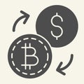 Bitcoin to dollar exchange solid icon. Cryptocurrency exchange vector illustration isolated on white. Cryptocoin and Royalty Free Stock Photo