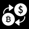 Bitcoin to dollar exchange solid icon. vector illustration isolated on black. glyph style design, designed for web and Royalty Free Stock Photo