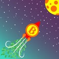 Bitcoin to the moon. Cryptocurrency Growth Concept.Investor money is pushing bitcoin to the moon. A rocket flies to the